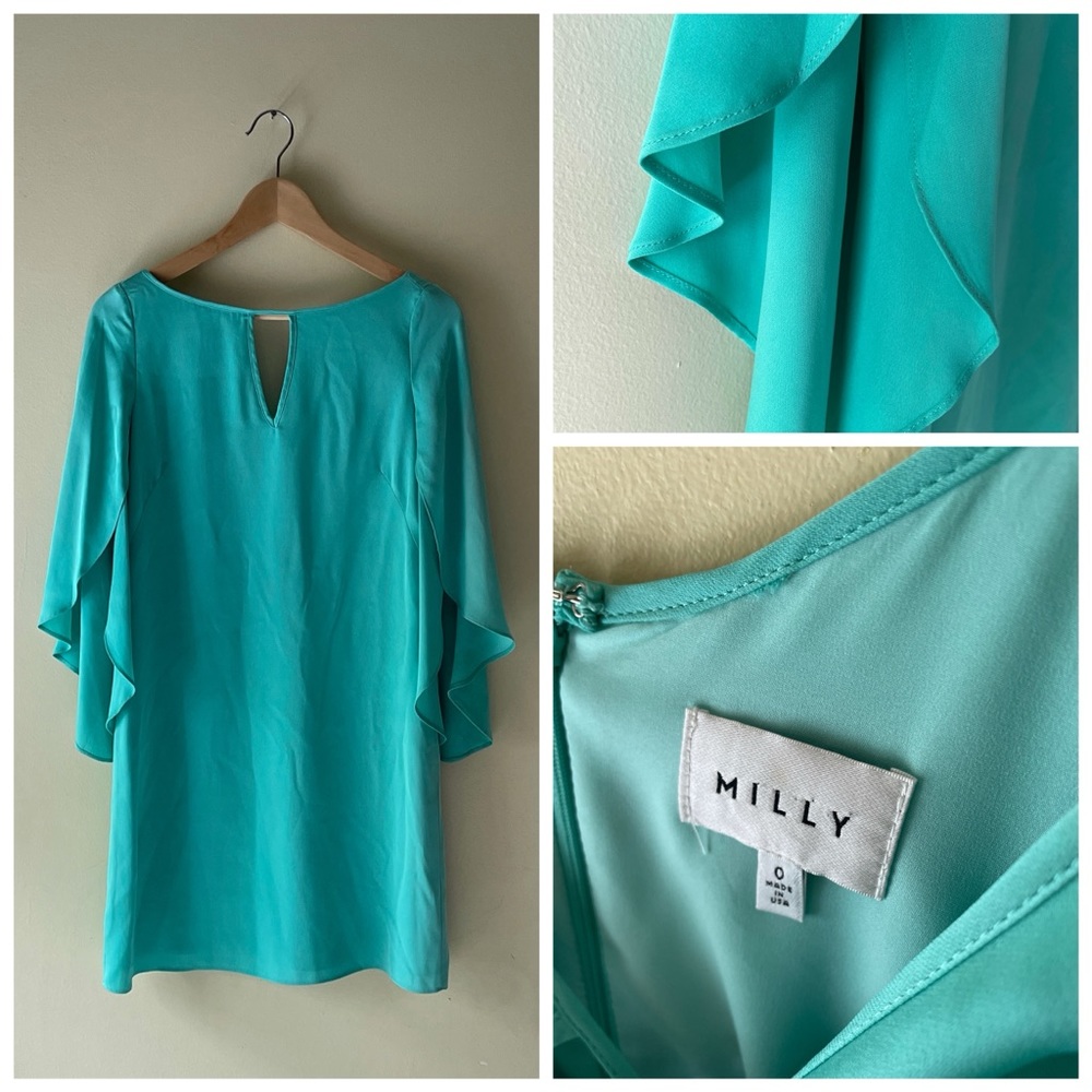 MILLY Dress with Neck Cut-out and Flutter Butterfly Sleeves | Aqua